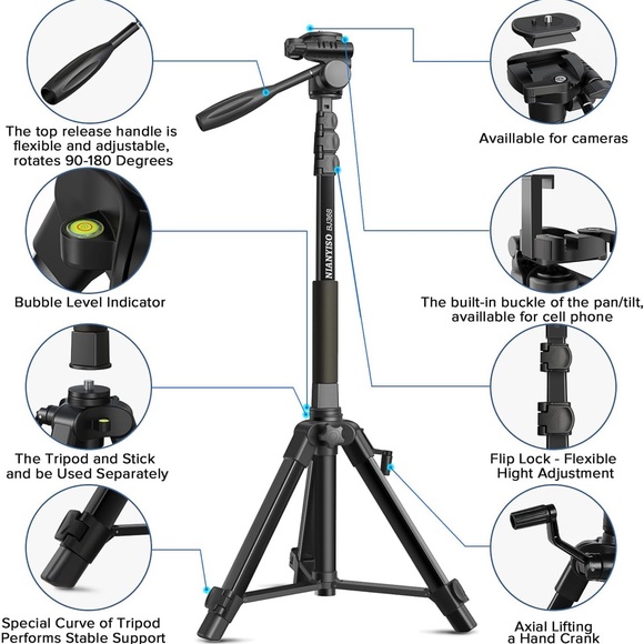 Nianyiso Bj368 Camera Tripod Stand 3-way Swivel Detachable, Portable Monopod - Picture 6 of 7